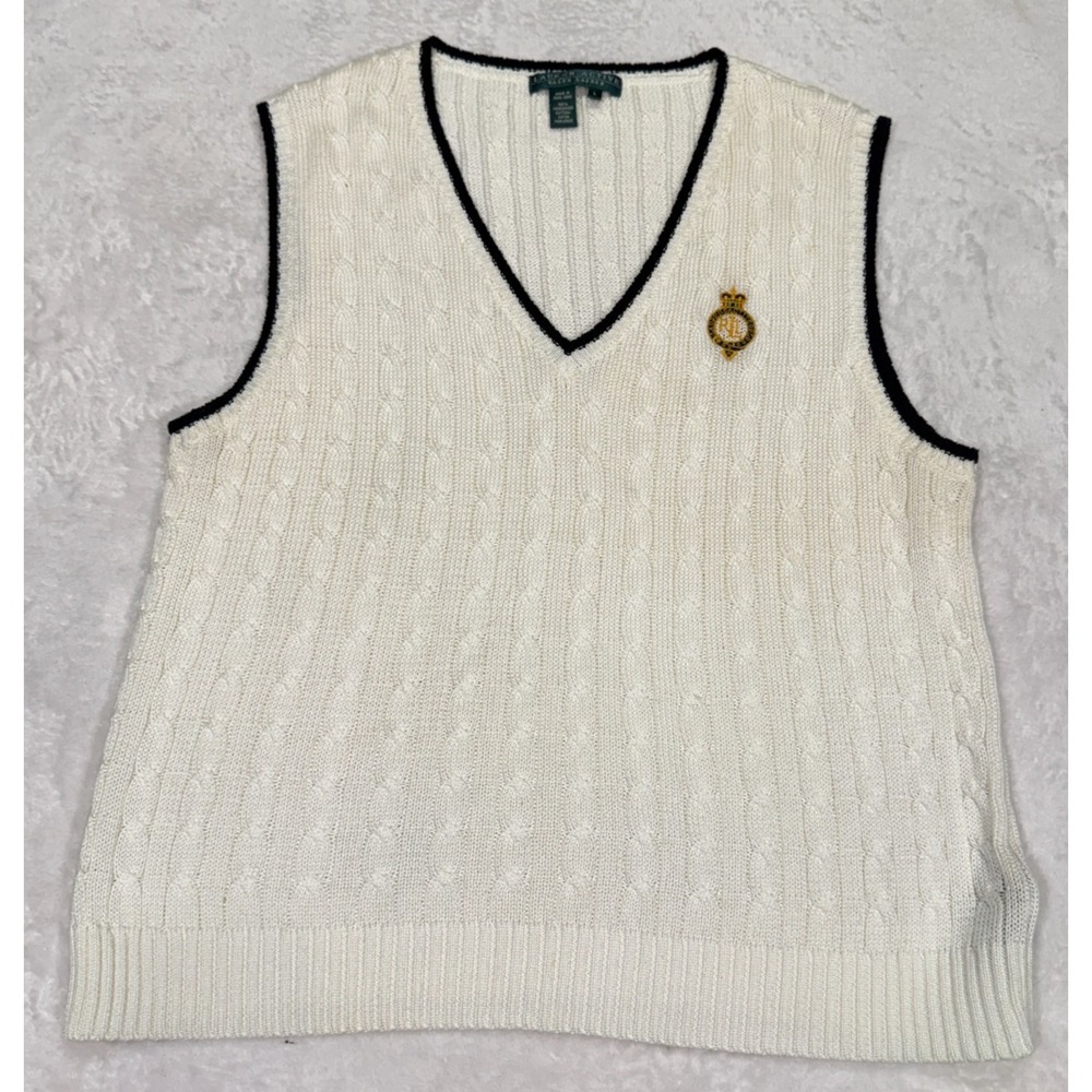Lauren Active Ralph Lauren Sweater Vest Women Large White Cable Knit V-Neck Golf